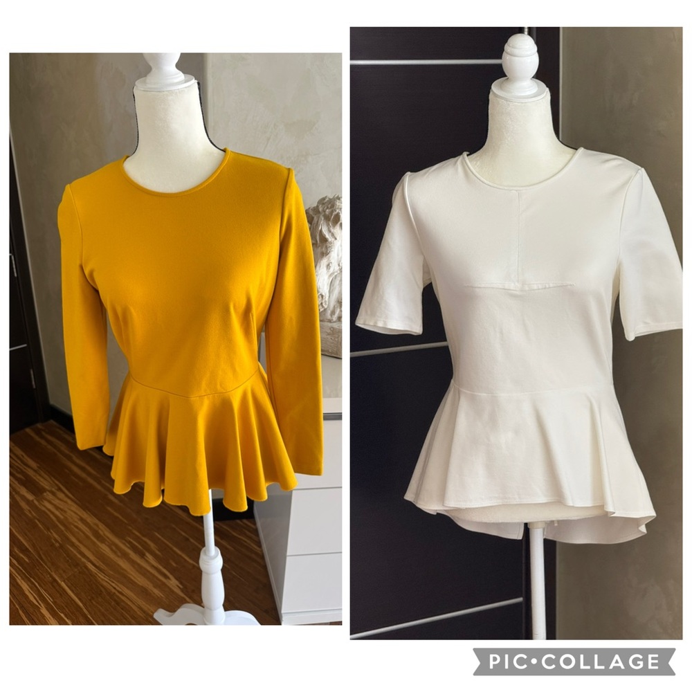 Elegant Women's Peplum Tops - Mustard Yellow (Ronny Kobo) and white BCBG